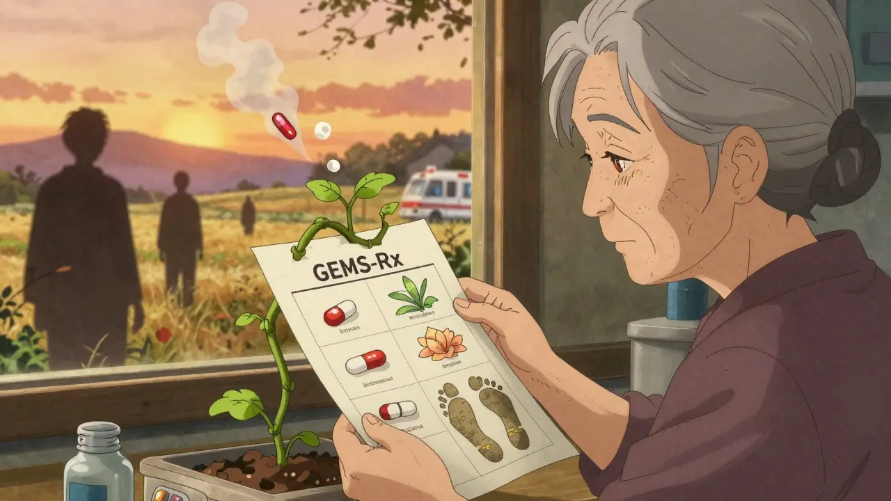 Une femme âgée dans une clinique rurale regarde une fiche imprimée qui génère des alternatives sûres en plantes lumineuses.