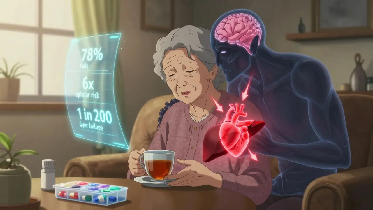 Une femme âgée entourée d'ombres démoniaques de l'alcool, dans un décor domestique en style anime isekai.