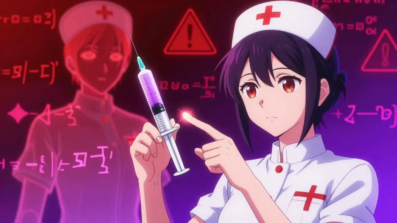 Une infirmière tient une seringue de chlorure de potassium concentré, accompagnée d'une figure spectrale qui pointe l'étiquette avec un doigt lumineux.