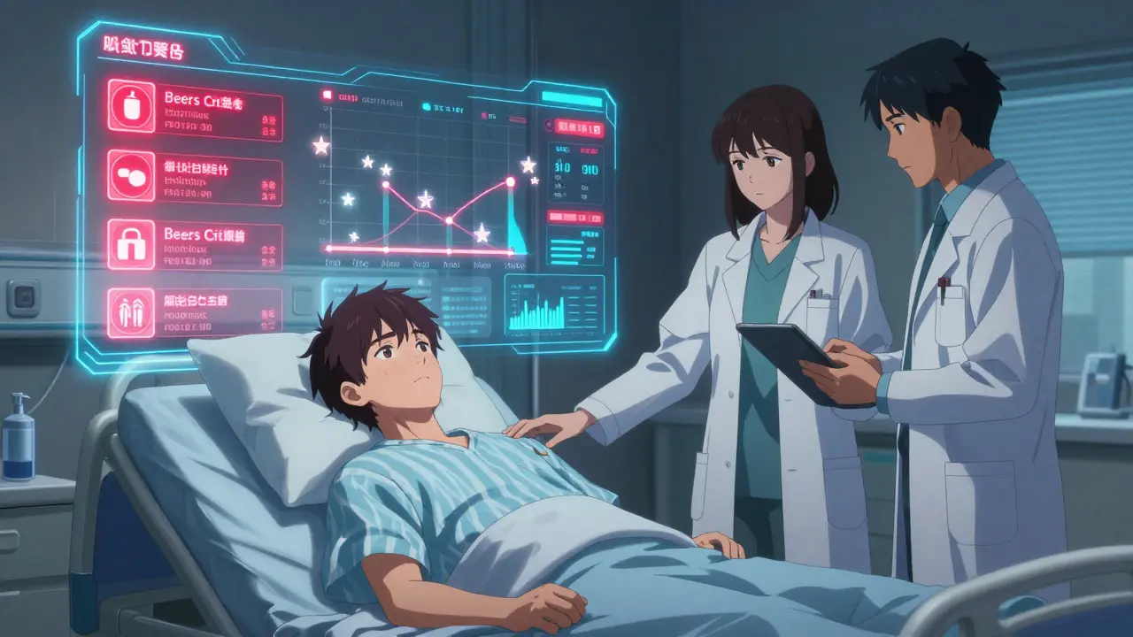 Une interface numérique affiche des alertes intelligentes au-dessus d’un lit d’hôpital, avec des soignants aux côtés du patient.