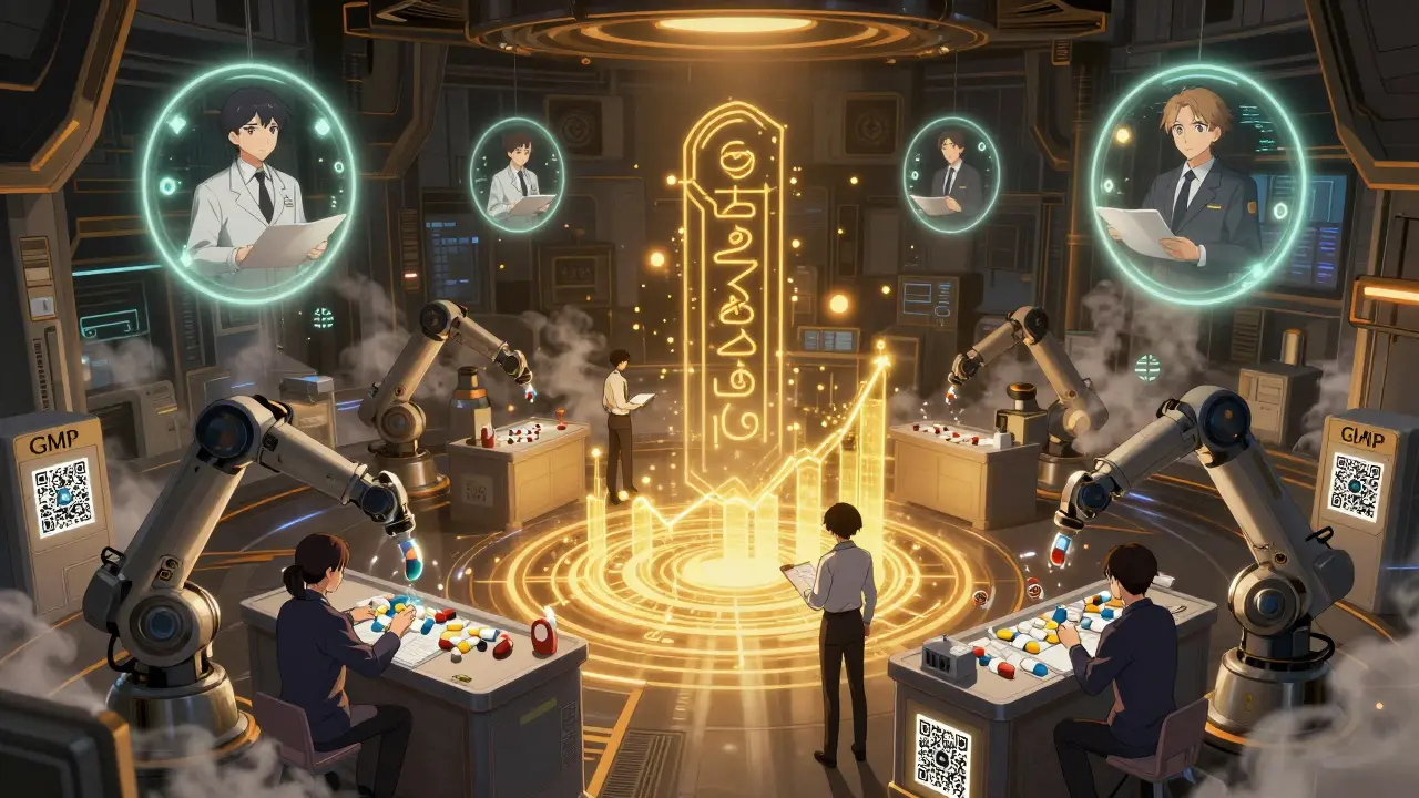 Une usine high-tech avec des robots et des inspecteurs de la FDA vérifiant la fabrication de médicaments génériques.