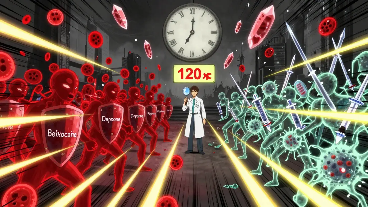 Bataille épique entre globules rouges et cellules immunitaires sous un ciel avec une horloge indiquant 120 jours.