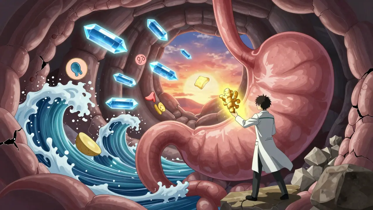 Bataille fantastique dans un estomac : les muscles digestifs luttent contre des projectiles GLP-1, une racine de gingembre brille comme un talisman.