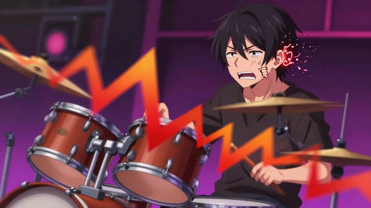 Batteur en concert avec vagues sonores endommageant l'oreille, style anime.