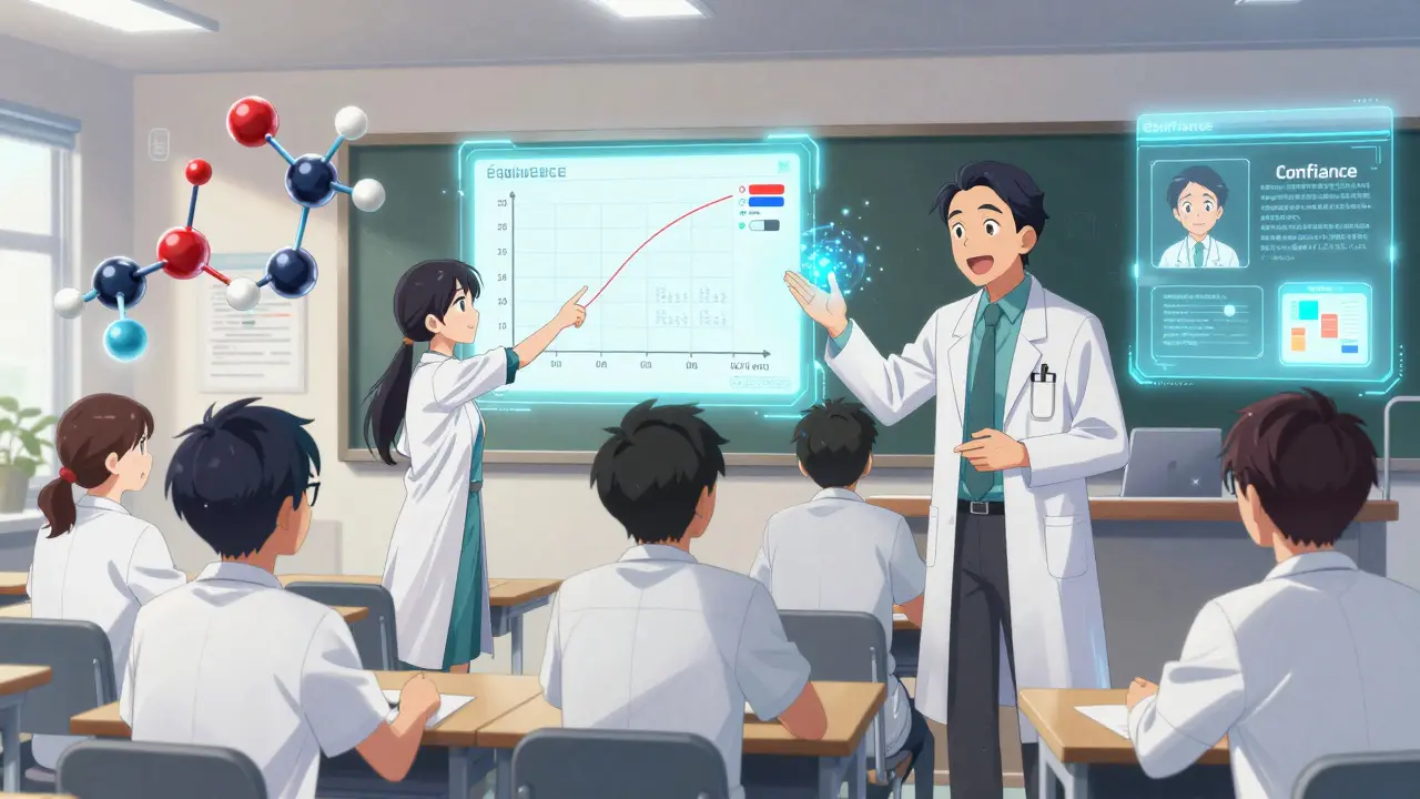 Des étudiants en médecine observant des structures moléculaires animées et un guide spectral expliquant l'équivalence des médicaments.