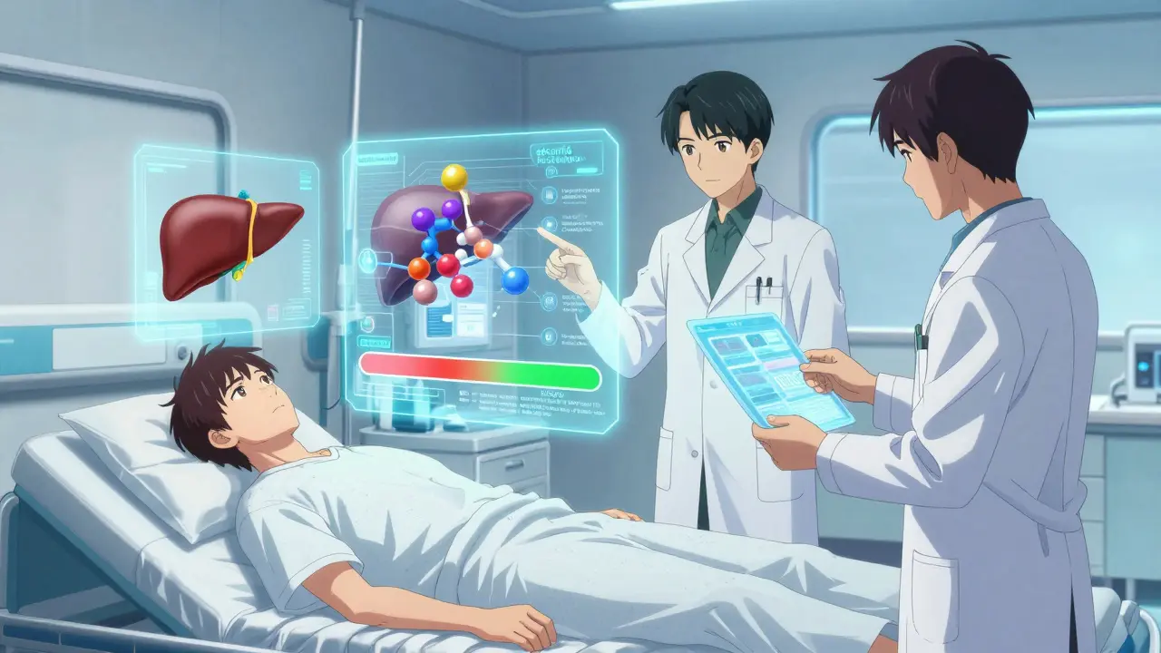 Des médecins analysent un code génétique holographique dans une salle d'hôpital futuriste avec des molécules d'antifongiques flottantes.