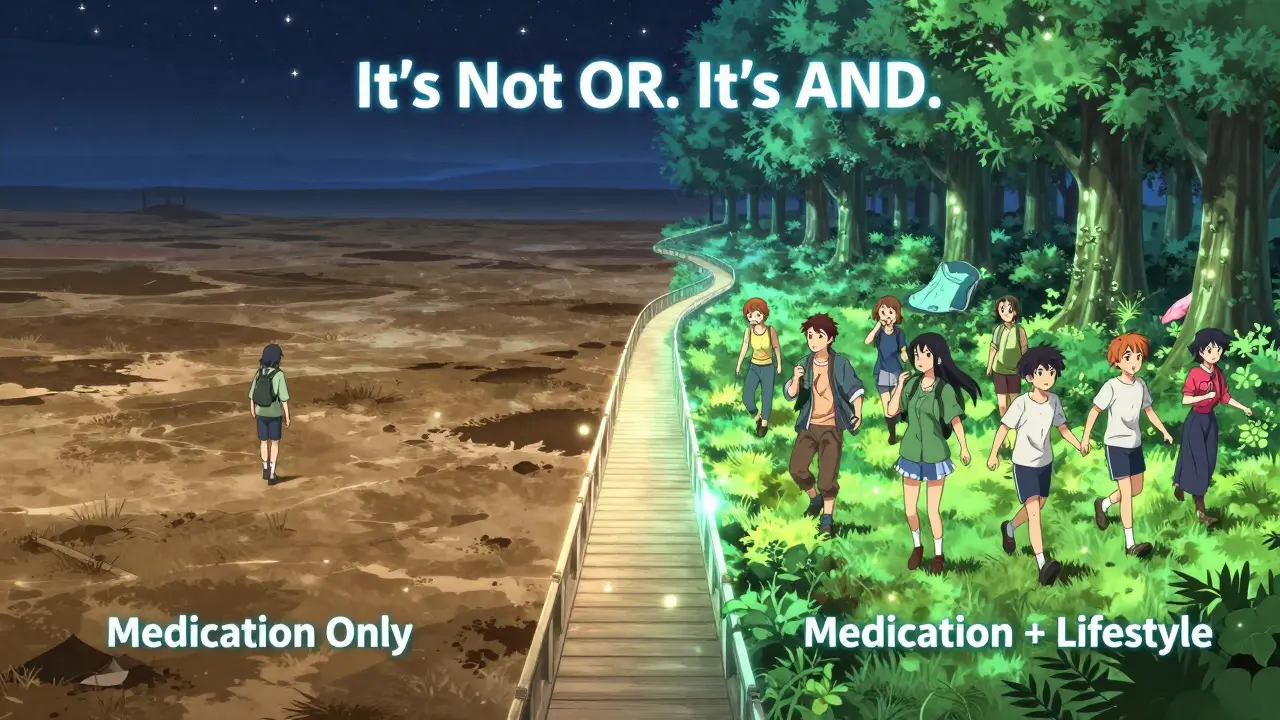 Deux chemins parallèles : médicament seul vs médicament + mode de vie, dans un univers anime isekai.