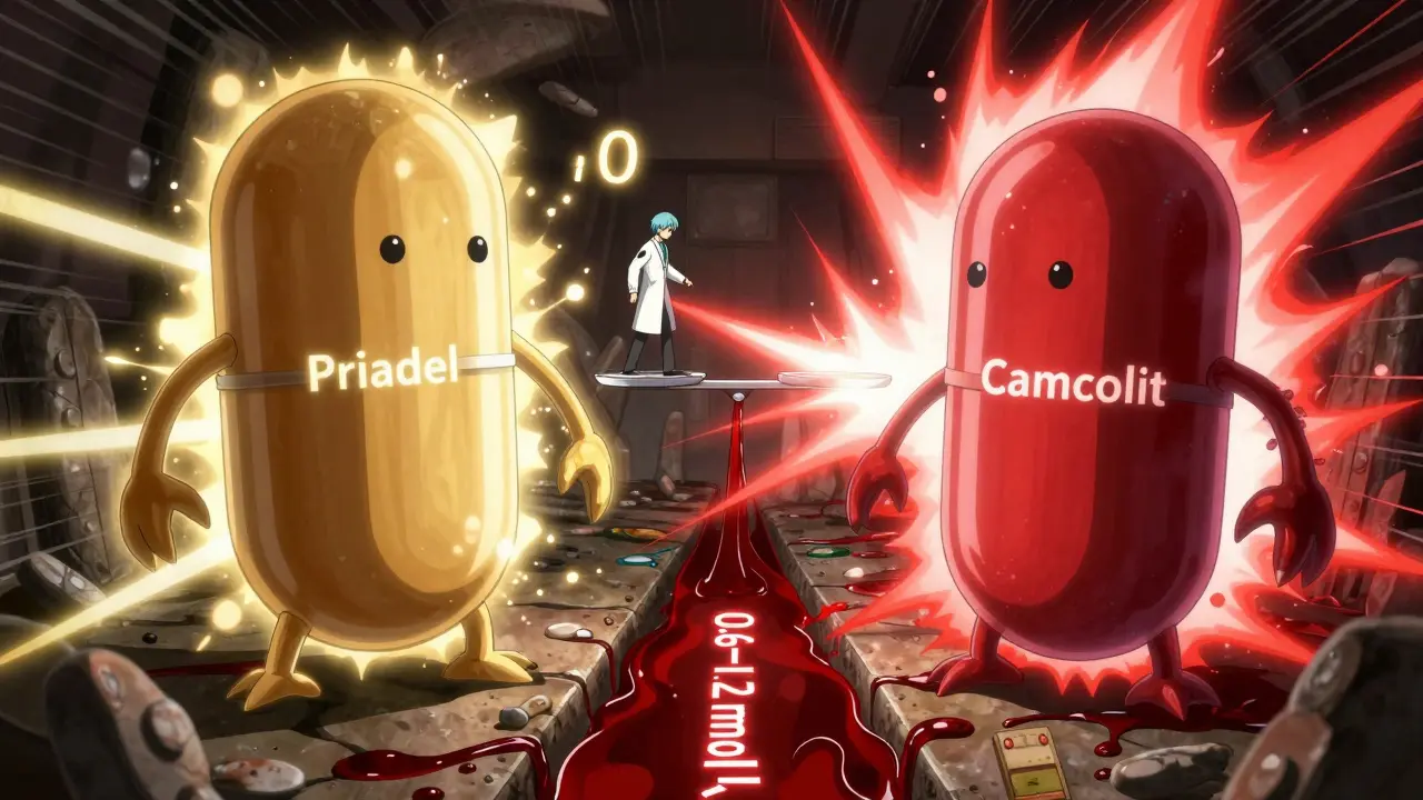 Deux comprimés géants en combat, l'un libérant un éclair rouge et l'autre une lueur dorée, tandis qu'une balance médicale flotte entre sécurité et toxicité.