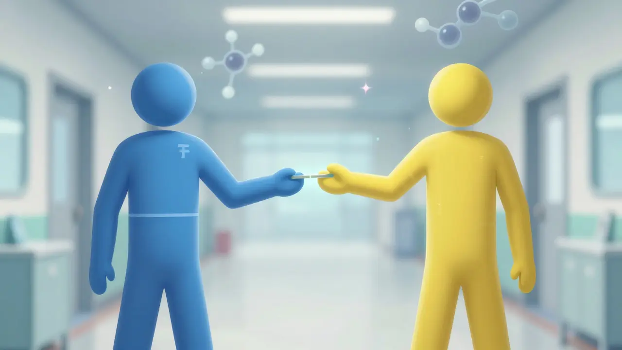 Deux figures médicales connectées par un pont lumineux avec petite lacune, structures moléculaires.