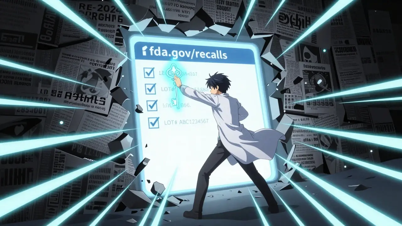 Héros en blouse blanche brisant un mur de fausses nouvelles avec une clé portant le numéro de rappel officiel RE-2024-0285-0001.