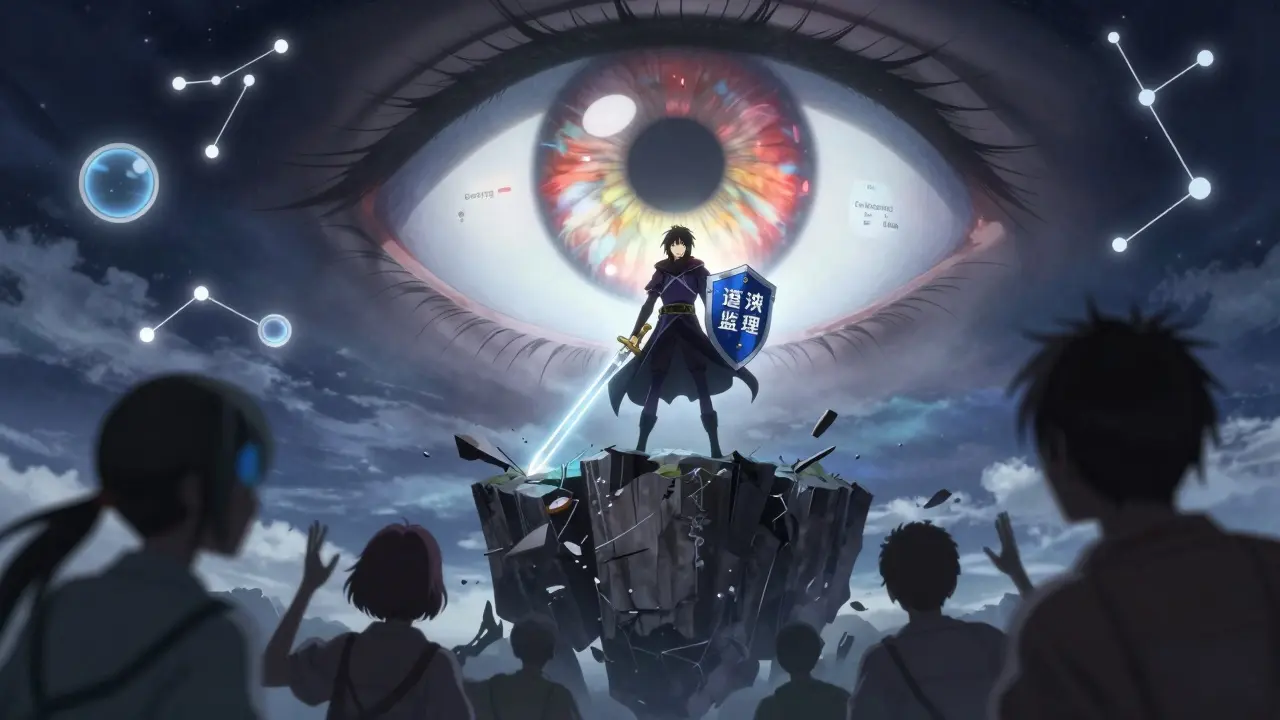 Héros tenant un bouclier 'Surveillance régulière' face à des silhouettes perdant leur vision, dans un monde fantastique.