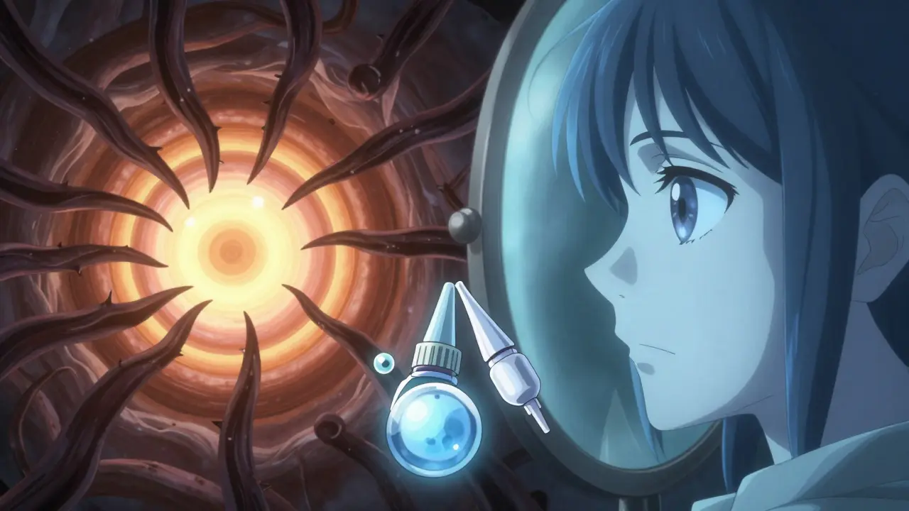 Nerf optique sous attaque par des tentacules sombres d'une pression oculaire élevée, contrasté avec un nerf sain.