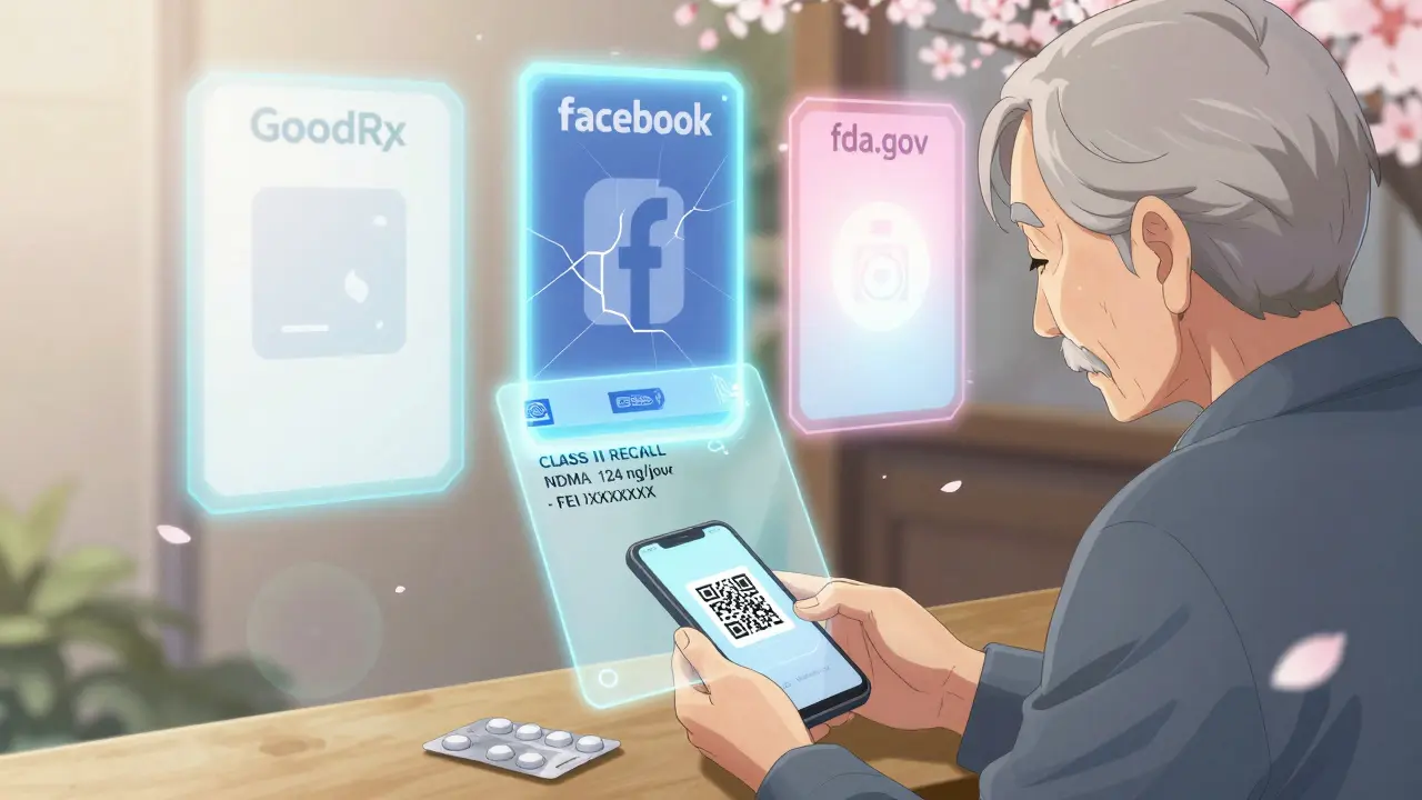 Patient âgé scanne un QR code sur un blister médicamenteux, affichant une vérification FDA en hologramme.