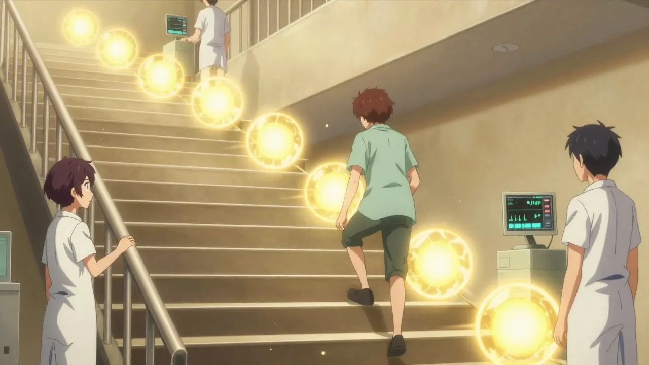 Patient montant escalier de sphères lumineuses, équipe médicale surveillant.