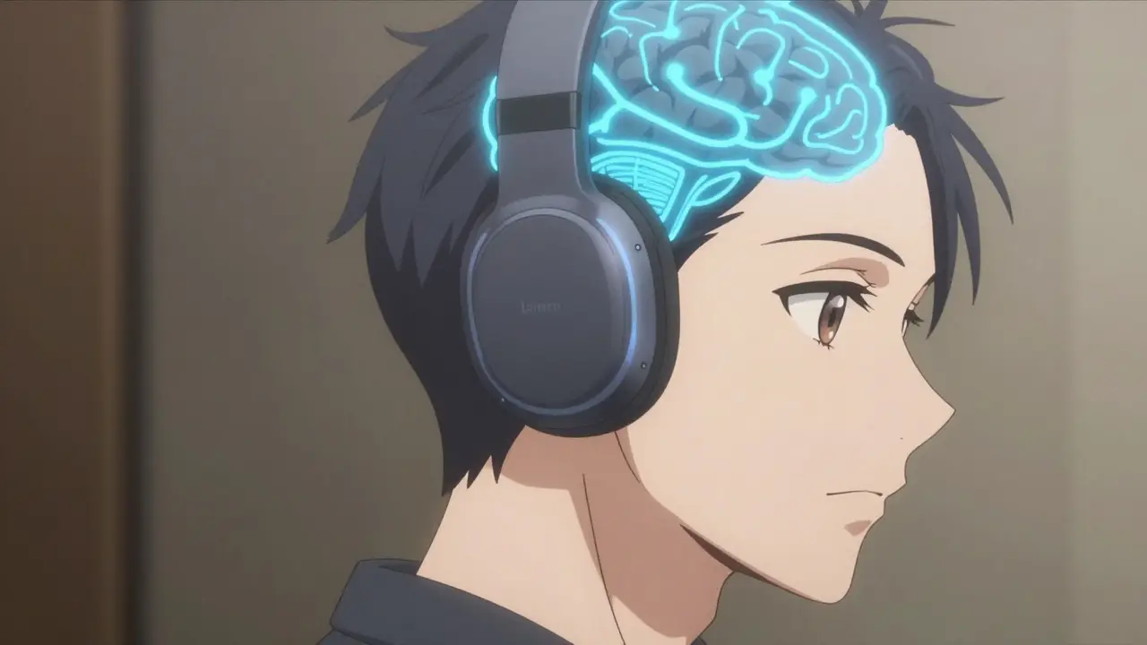 Personne utilisant Lenire avec voies neuronales bleues, style anime.