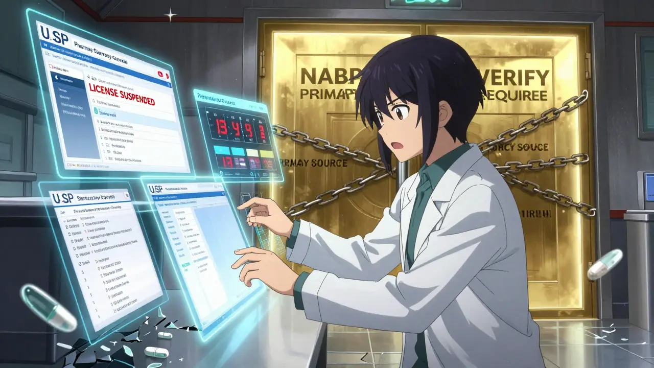 Pharmacien devant des écrans holographiques affichant des licences suspendues et un timer de 14 jours.
