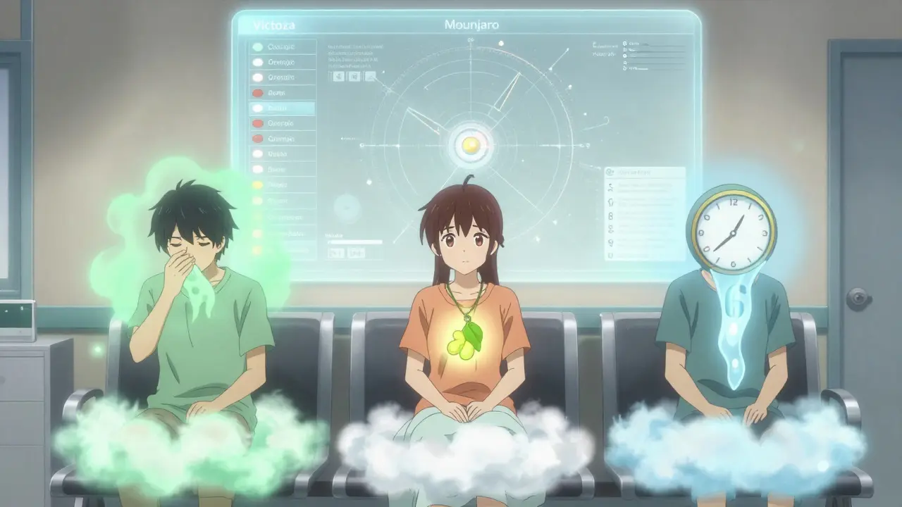 Trois patients dans une salle d'attente, chacun entouré d'une aura représentant leur parcours de guérison des effets secondaires.