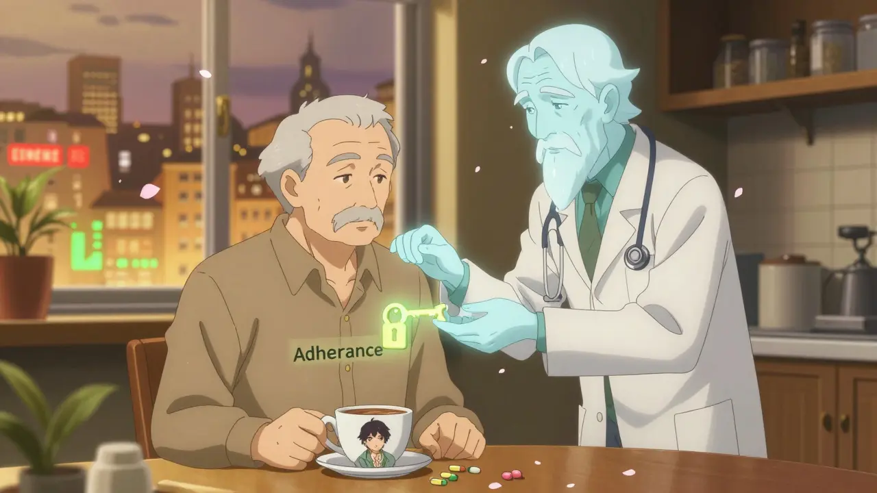 Un homme âgé accompagné par un pharmacien spectral, son reflet dans une tasse de café montrant son passé négligent.