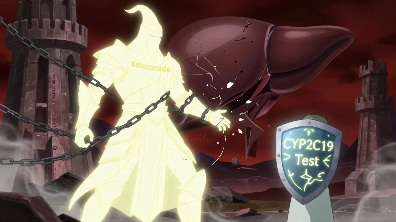 Un magicien représentant le ketoconazole attaque une forteresse du foie, entouré de chaînes de médicaments interagissants.