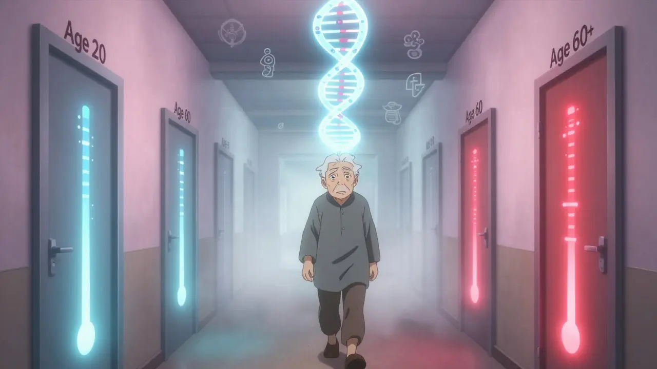 Un patient âgé marche dans un couloir aux portes représentant l'âge, avec des jauges de lithium flottantes et un filament d'ADN lumineux au-dessus.