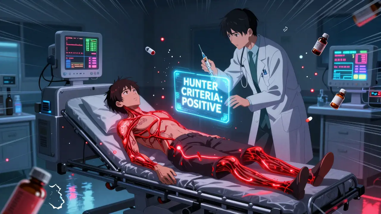 Un patient en urgence médicale avec des veines rouges brillantes, un médecin prépare un traitement contre le syndrome sérotoninergique.