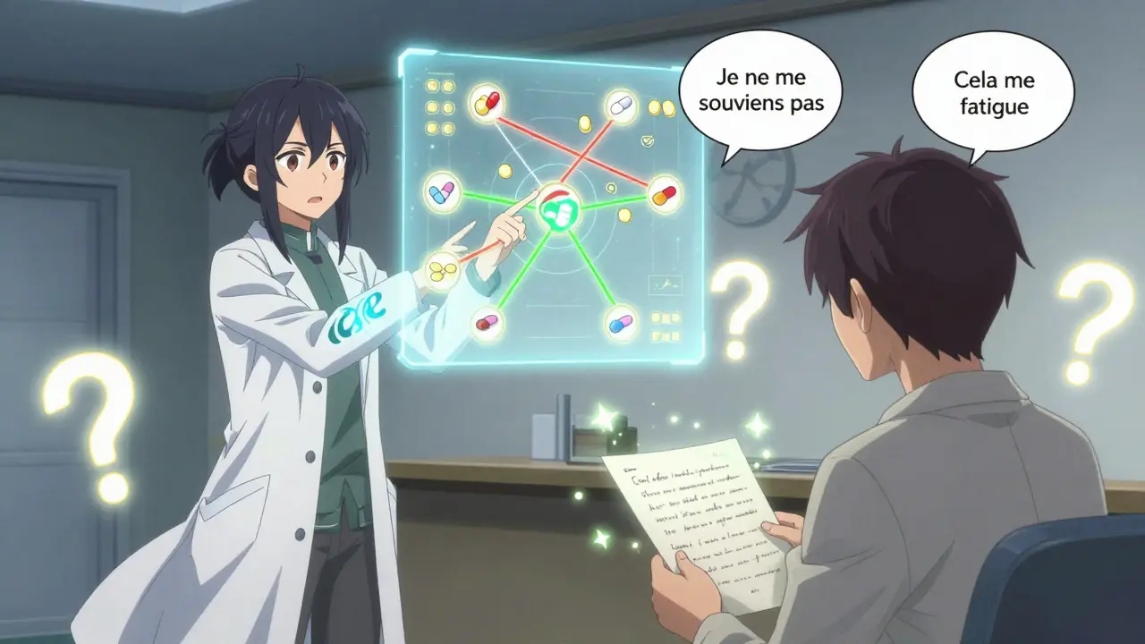 Un pharmacien montre des interactions médicamenteuses avec un tableau lumineux, tandis qu'un patient tient une liste écrite.