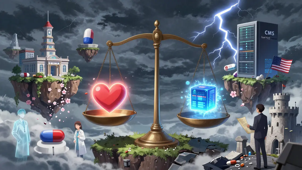 Une balance magique pèse l'accès aux soins contre les données réelles, entourée d'îles représentant différents pays.