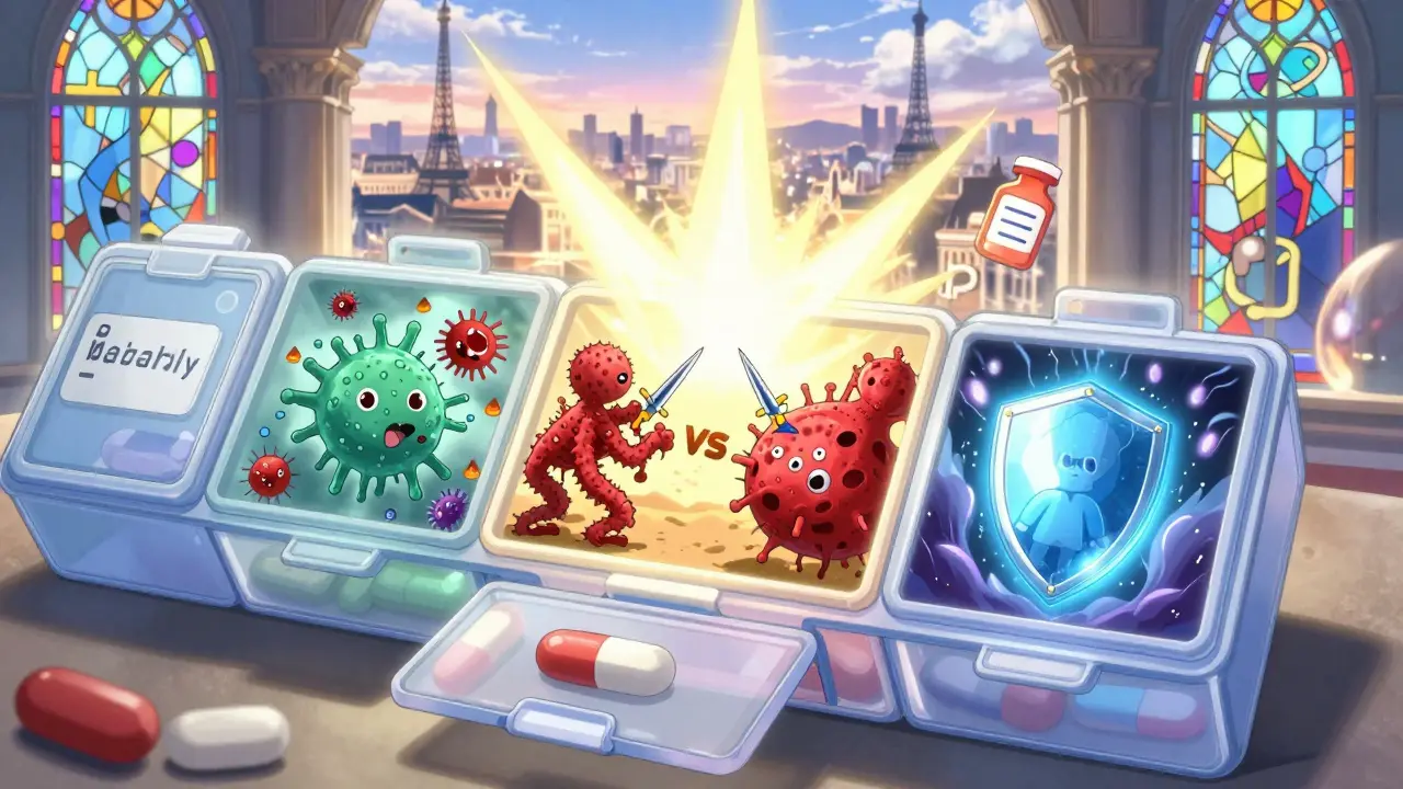 Une boîte à pilules ouverte révélant des batailles miniature entre médicaments et maladies, dans un décor parisien surnaturel.