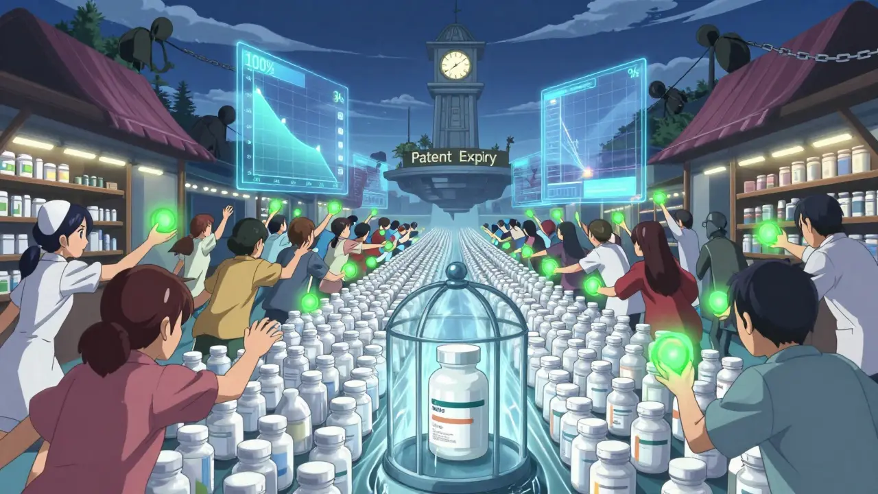 Une vague de médicaments génériques submerge un médicament breveté enfermé, sous un horloge marquant l'expiration du brevet.