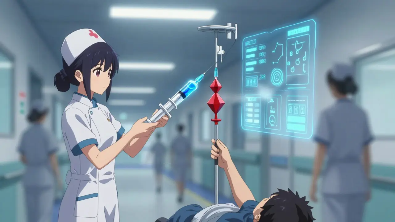 Des infirmières connectent des seringues ENFit à des patients avec des formes géométriques incompatibles pour éviter les erreurs.