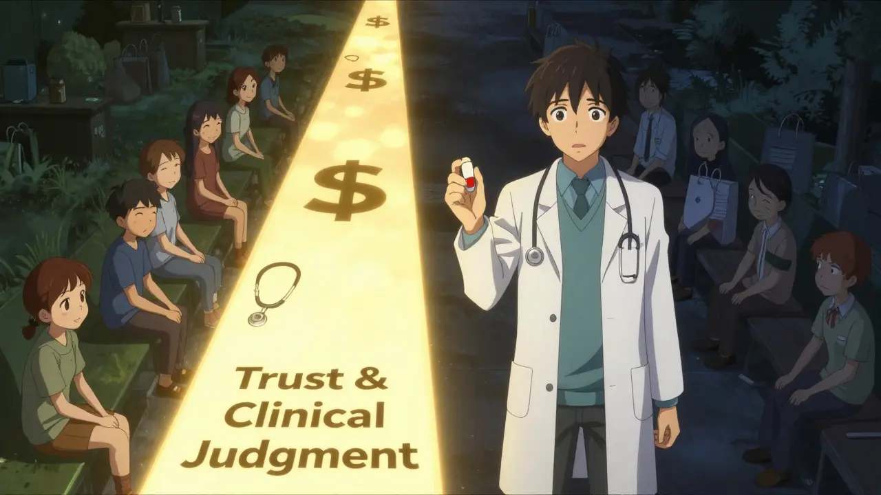 Médecin face à un choix entre confiance clinique et incitations financières, dans un monde animé stylisé.