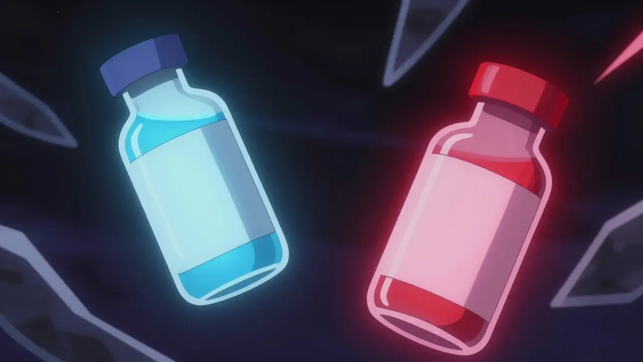 Représentation abstraite de deux flacons montrant une erreur potentielle.