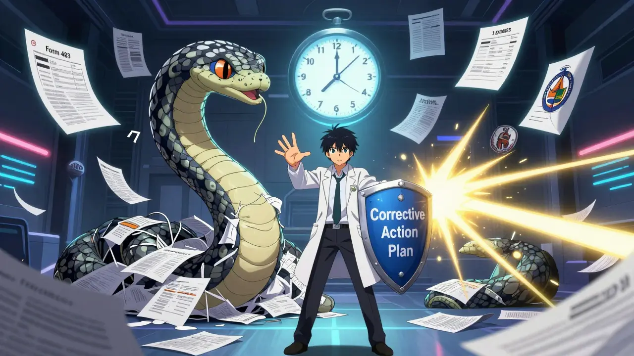 Un héros en blouse blanche combattant un serpent de documents frauduleux dans une arène réglementaire lumineuse.