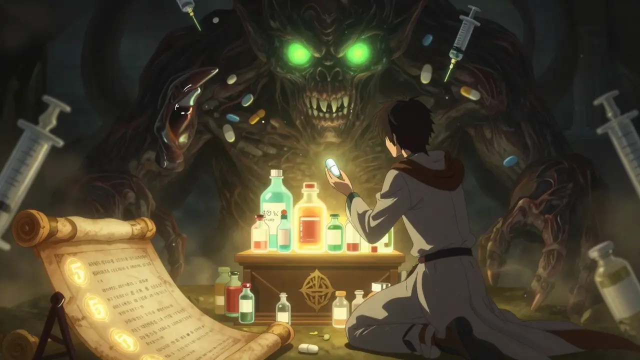Un héros tient un comprimé comme un objet sacré devant un monstre fait de médicaments périmés, dans un style de temple mystique.