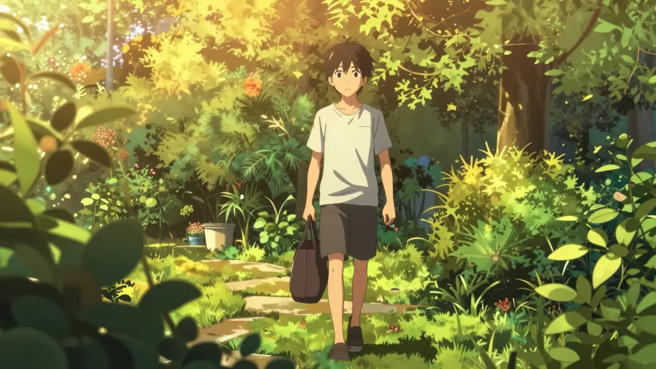 Un individu marche confiant dans un parc ensoleillé symbole de guérison.