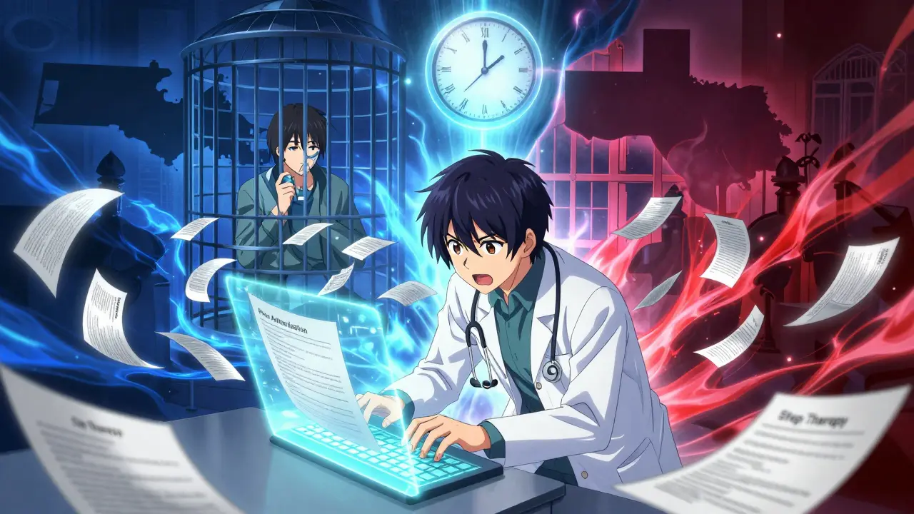 Un médecin confronté à des documents magiques de demande d'autorisation, tandis qu'un patient est prisonnier d'un cycle d'attente de 72 heures.