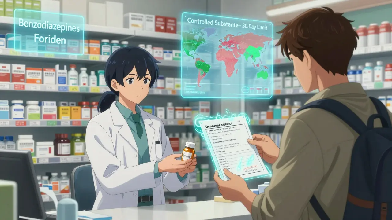 Un pharmacien en Asie remet un médicament à un voyageur, qui présente une ordonnance française et une traduction notariée, entouré d'avertissements réglementaires flottants.