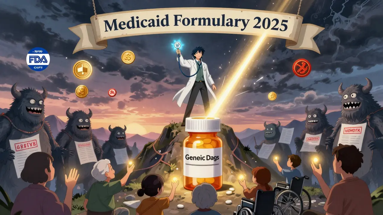 Un pharmacien héros défend les patients contre des monstres de paperasse, sous un ciel divisé entre accès et bureaucratie.