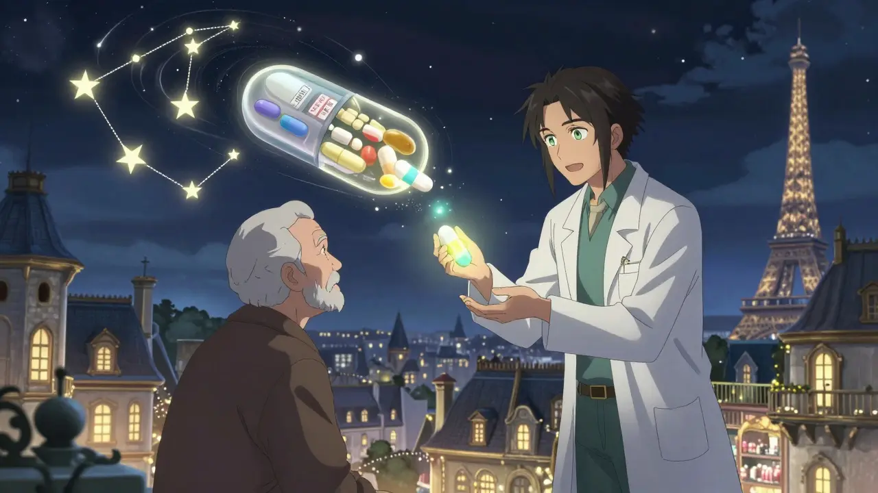 Un pharmacien mystique offre une polypill à un patient âgé dans un village flottant au-dessus de Paris.