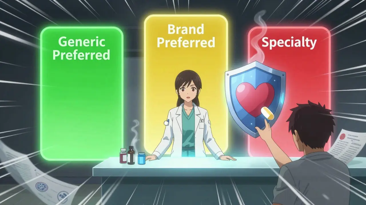 Un pharmacien présente trois voies de traitement à un patient, avec des pilules qui brillent selon leur coût.
