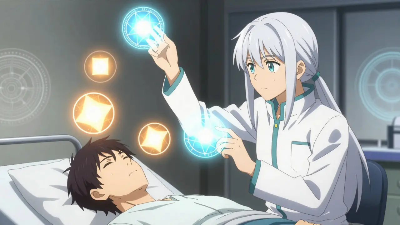 Un praticien examine des orbes lumineuses symbolisant le calcul de fonction rénale.