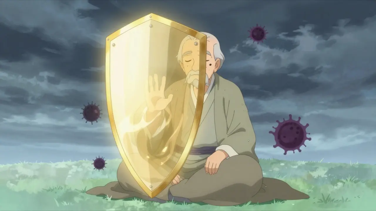 Un senior marche en sécurité sous une barrière protectrice de dosage ajusté.