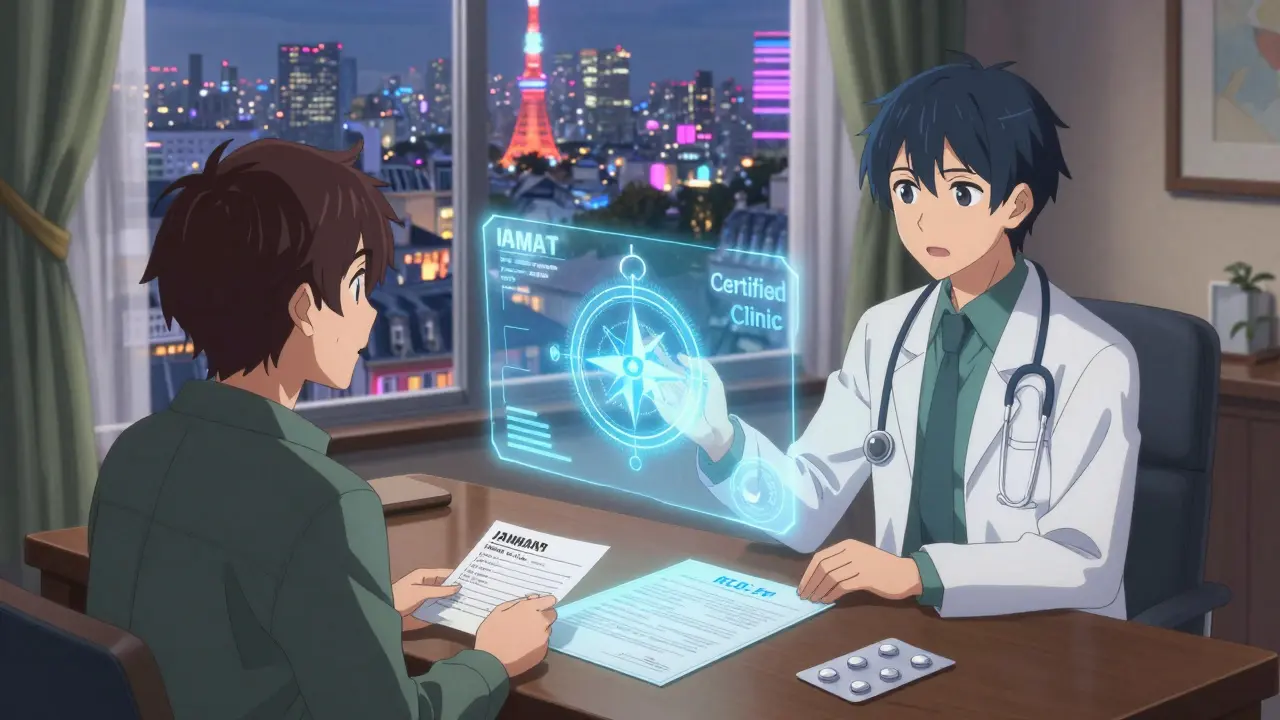 Un voyageur reçoit une téléconsultation médicale via un écran holographique, entouré de documents médicaux et d'une bouteille de médicament dans son emballage d'origine.