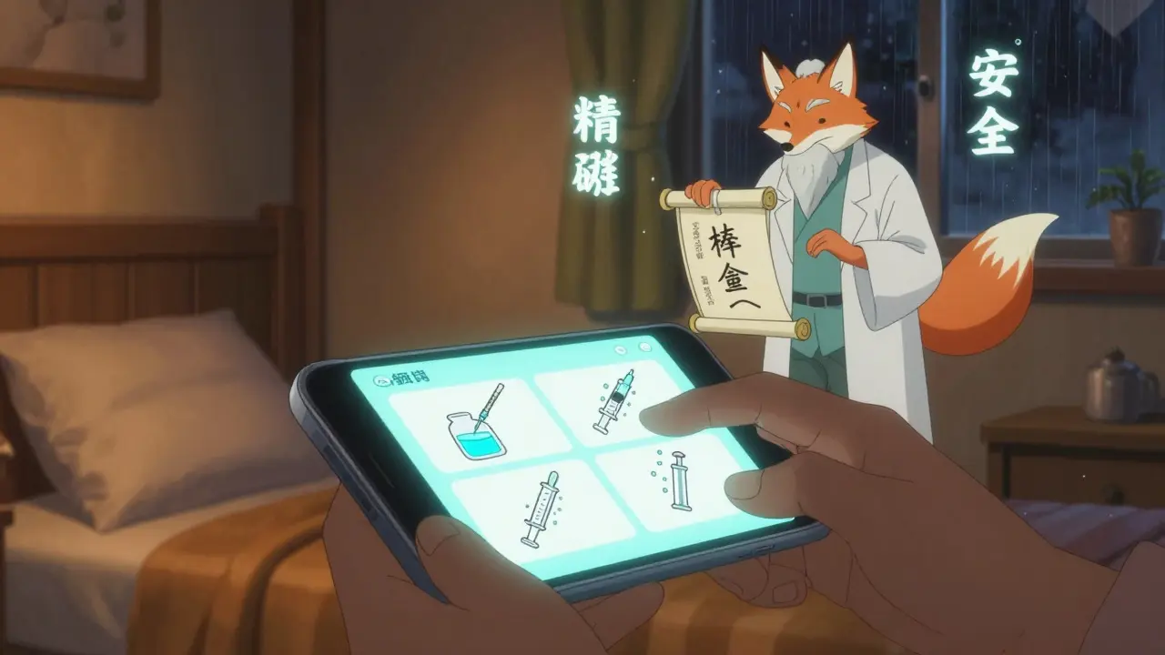 Une application AR montre comment mesurer un médicament liquide avec une seringue, guidée par un esprit de pharmacien.