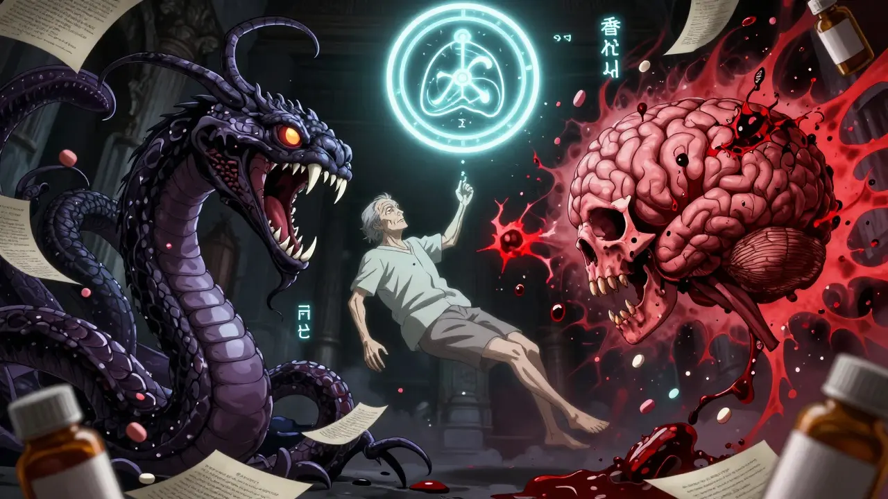 Une bataille spirituelle entre un caillot sanguin et une hémorragie cérébrale au-dessus d'un patient âgé, entouré de directives médicales.