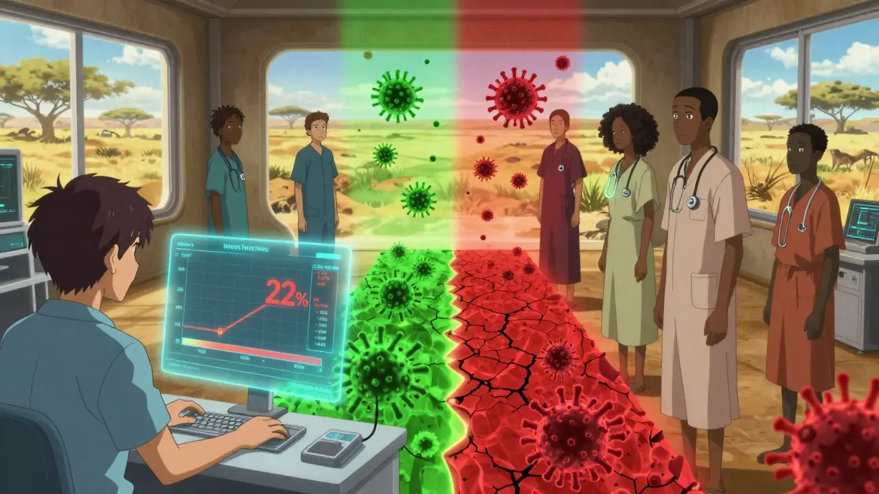 Une équipe médicale analyse les données d'un patient en Afrique du Sud, avec un affichage holographique montrant une réduction des échecs thérapeutiques.