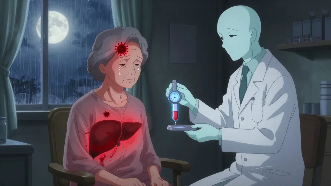 Une femme âgée dont le foie brûle de toxicité, rééquilibré par un pharmacien fantôme ajustant sa dose de médicament.