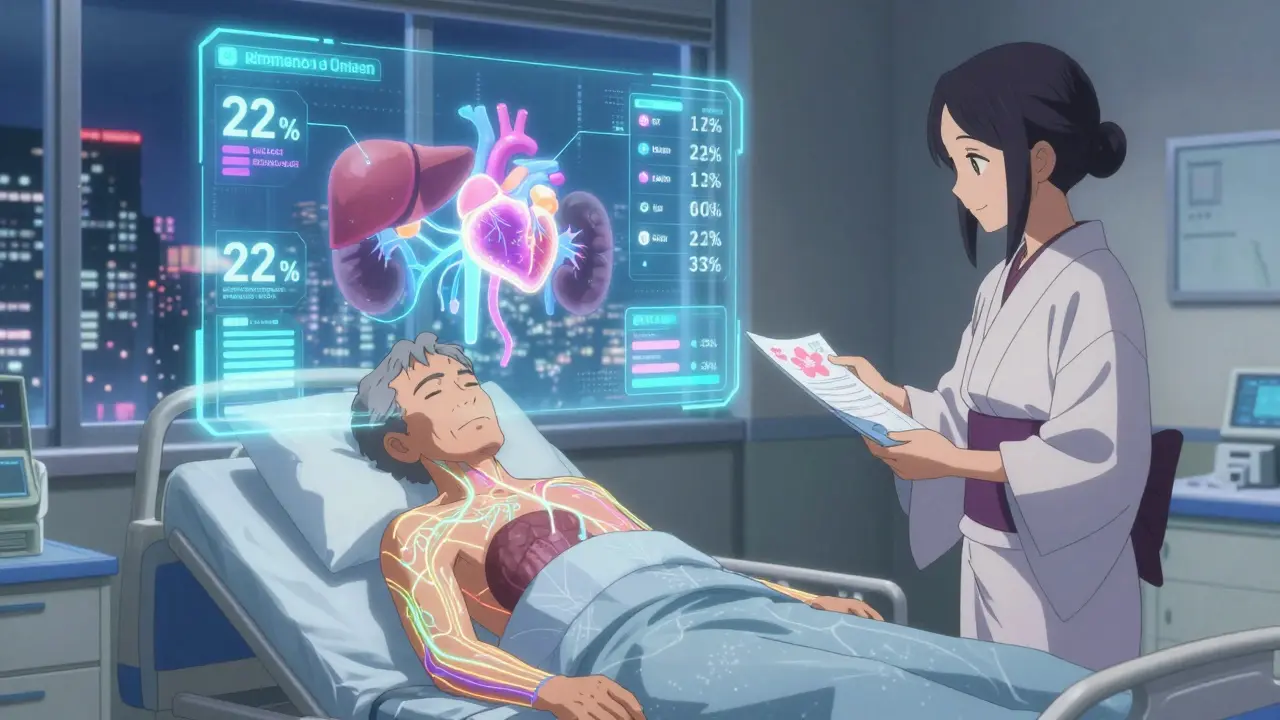 Une interface médicale futuriste affiche des risques personnalisés pour un patient âgé, guidé par un assistant IA apaisant.