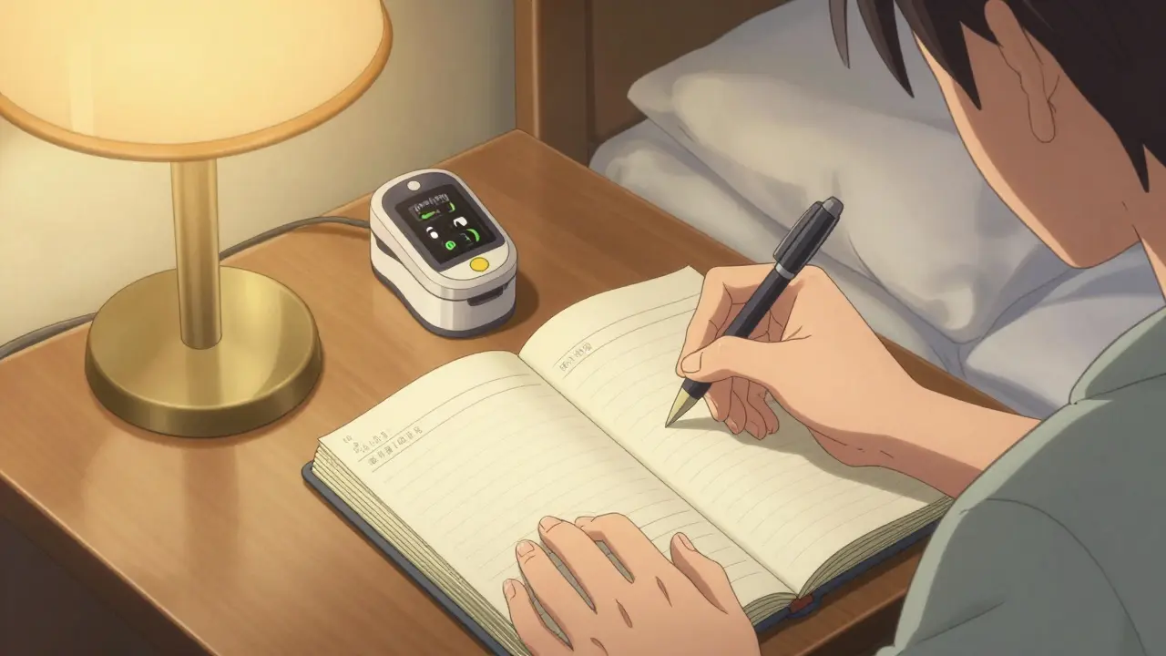 Une personne note ses symptômes dans un journal à la maison calmement.