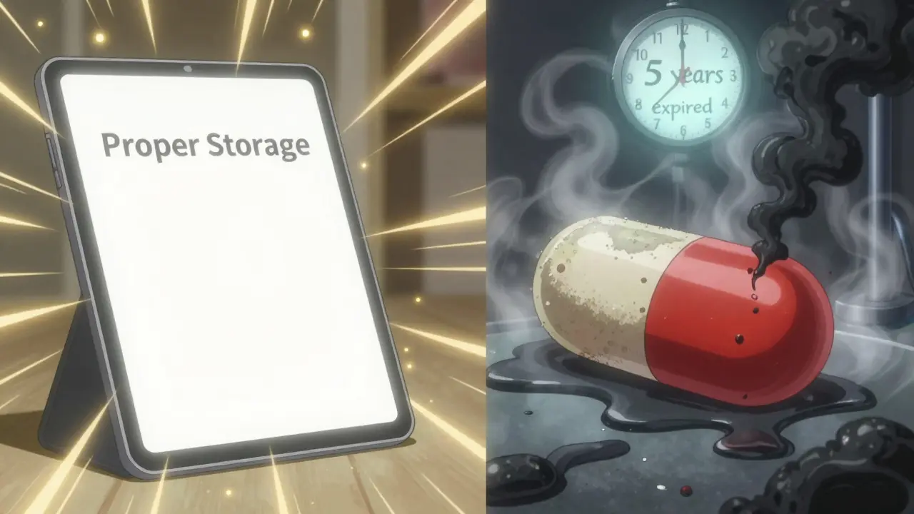 Une pilule intègre brillante à gauche, une gélule pourrie et fumante à droite, avec de la vapeur de douche et une horloge indiquant 5 ans d'expiration.
